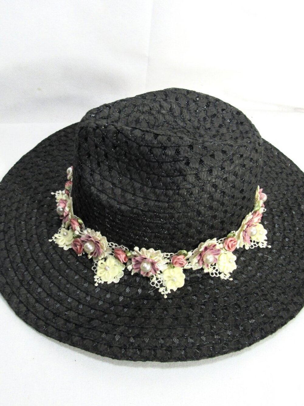 LADIES BLACK FEDORA STRAW HAT + FLOWERS, SUMMER WEIGHT SWEEEEEEEEET